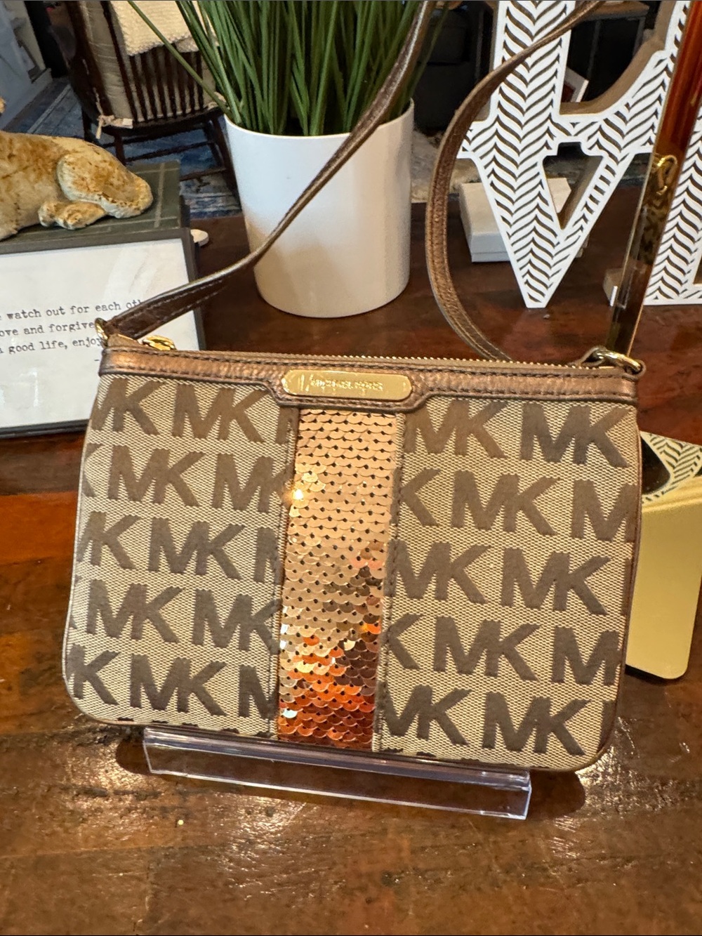 Michael Kors Tan/Brown MK Logo Crossbody with Rose Gold Sequin Stripe